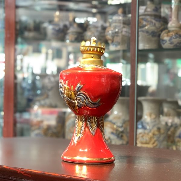 Đèn Dầu Men Đỏ Vẽ Vàng
