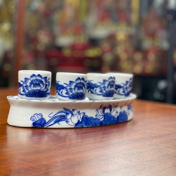 Khay/ Kỷ Nước 5 Chén Hoa Sen Men Lam