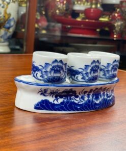 Khay/Kỷ Nước 3 Chén Hoa Sen Men Lam