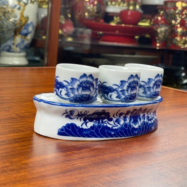 Khay/Kỷ Nước 3 Chén Hoa Sen Men Lam