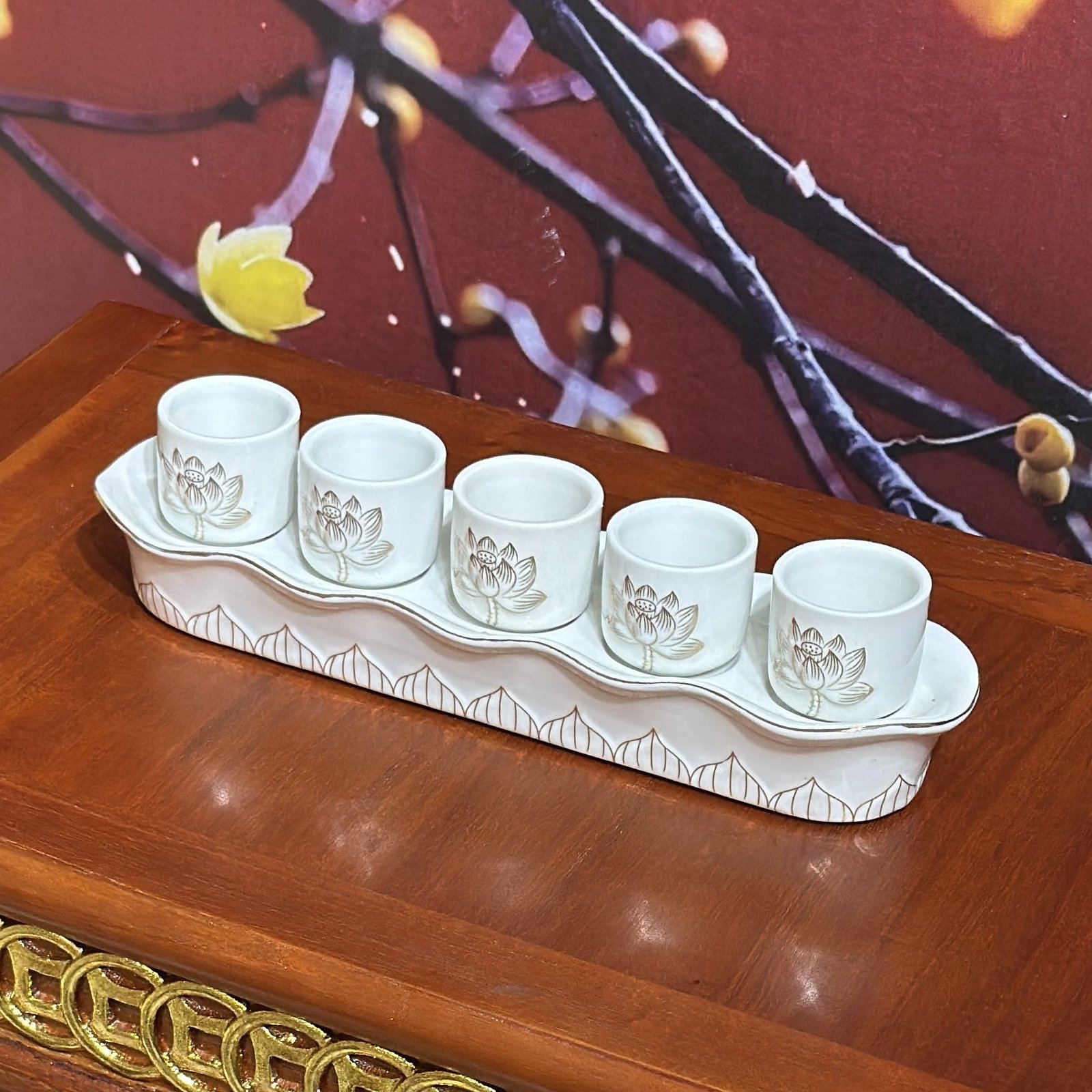 Khay 5 Chén Hoa Sen Bạch Ngọc