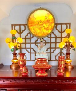 Bộ Đồ Thờ Phật Sứ Gấm Đỏ Đẹp