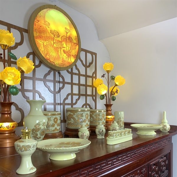 Bộ Đồ Thờ Gia Tiên Men Vàng Ngà BDTGTMV02