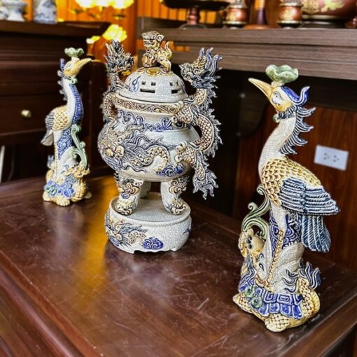 Bộ Đỉnh Hạc Men Rạn Đắp Nổi