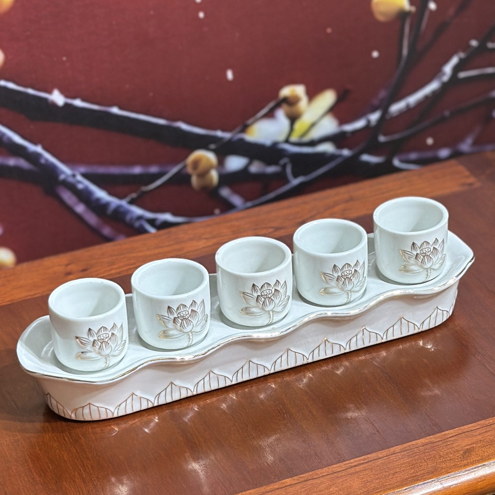 Khay 5 Chén Hoa Sen Bạch Ngọc
