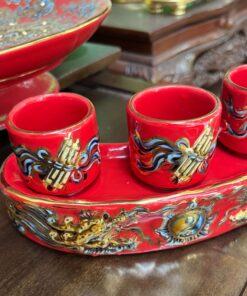 Kỷ/ Khay 3 Chén Men Đỏ Vẽ Vàng 24K