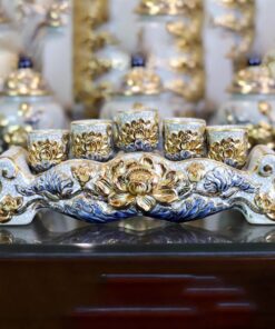 Kỷ/ Khay Nước 5 Chén Men Rạn Vẽ Vàng 24K