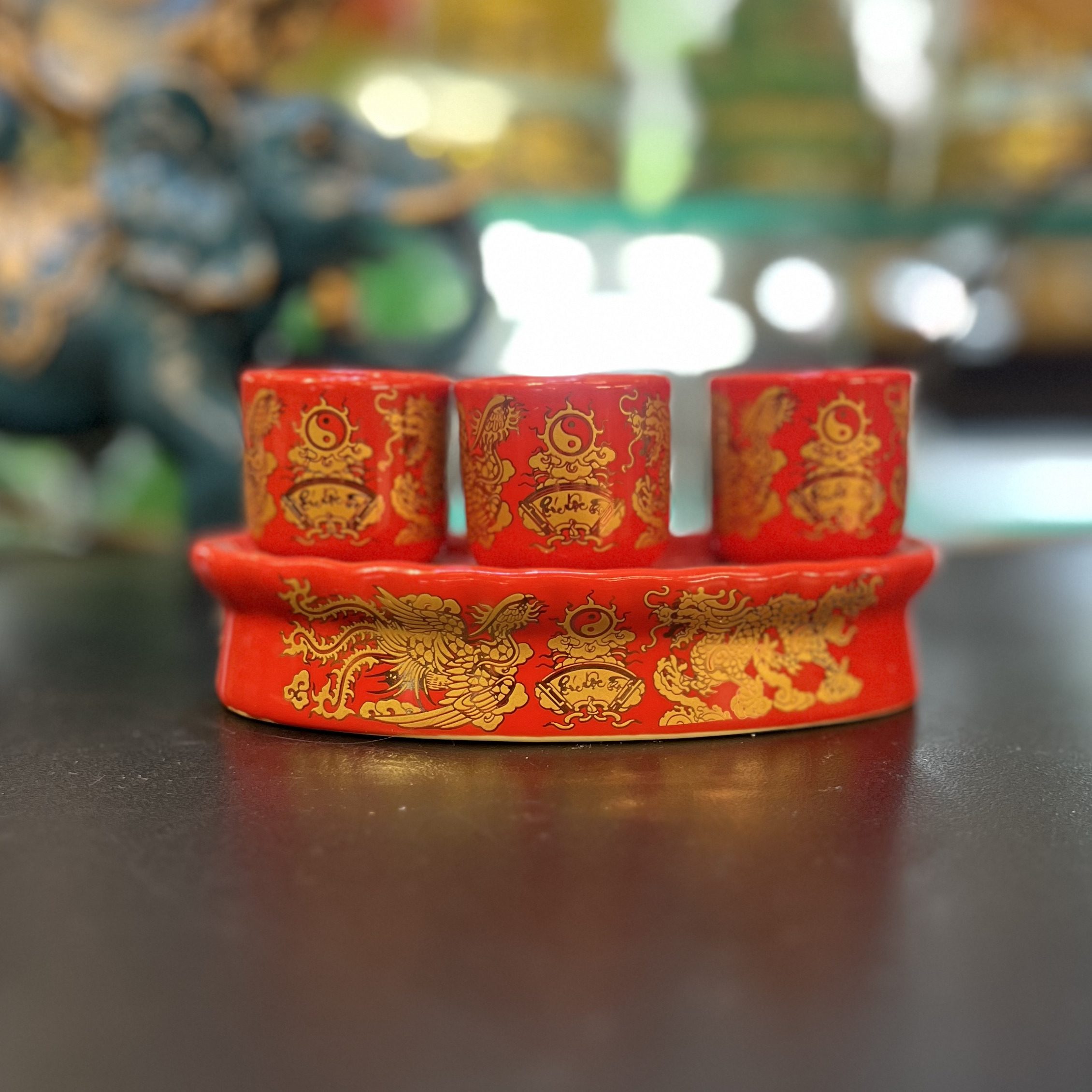 Kỷ / Khay 3 Chén Sứ Men Đỏ Bát Tràng