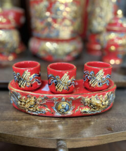 Kỷ/ Khay 3 Chén Men Đỏ Vẽ Vàng 24K