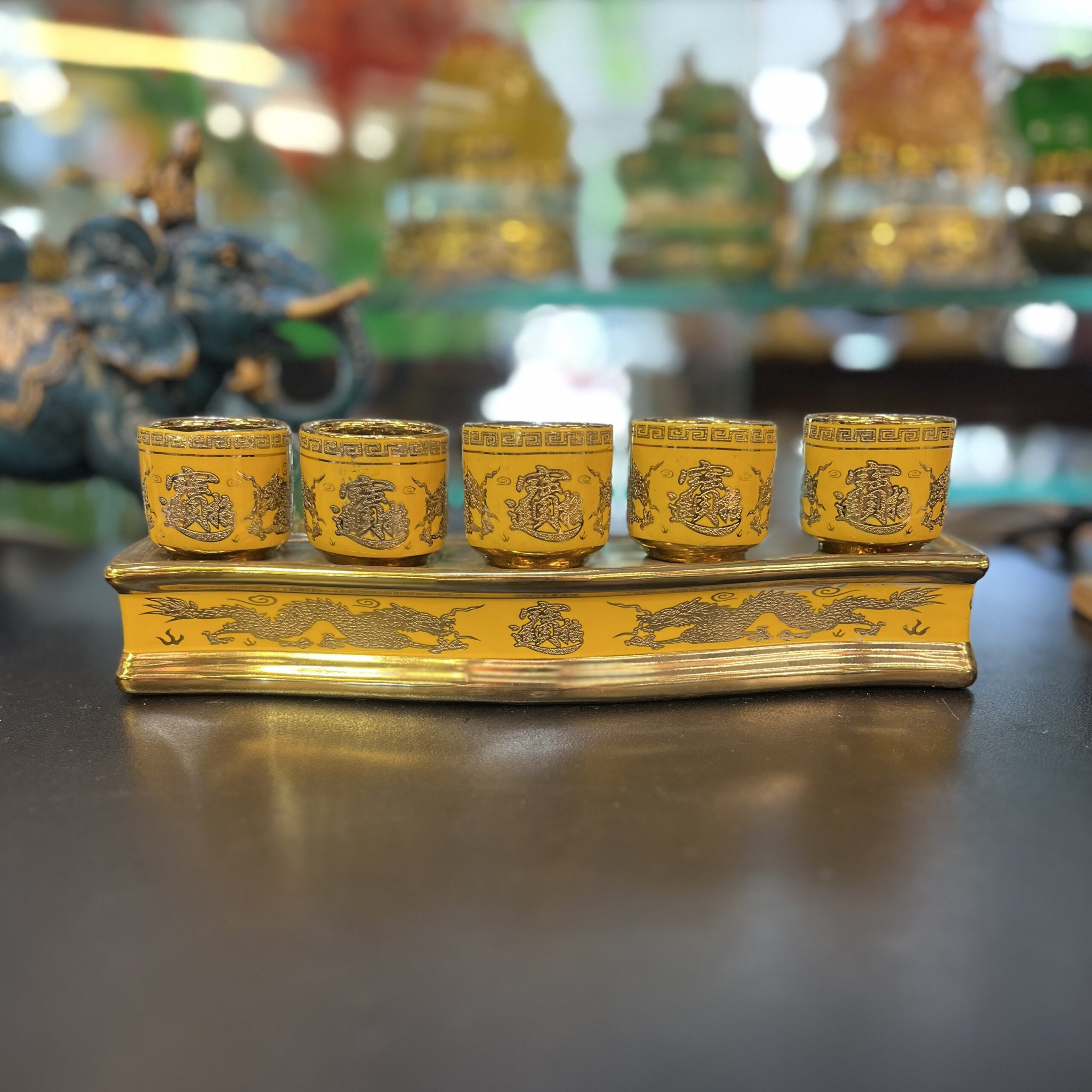 Khay Nước 5 Chén Men Vàng Kim Sa