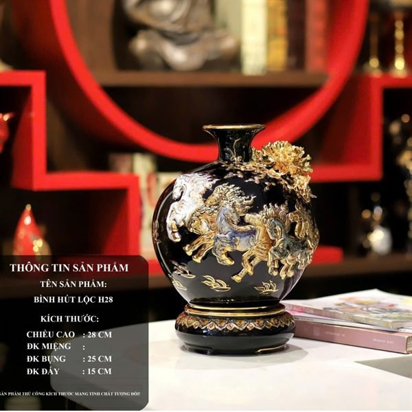 Bình Hút Lộc Mã Đáo Thành Công Men Đen Đắp Nổi Vẽ Vàng 24K H28