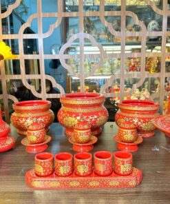 Bộ Đồ Thờ Gia Tiên Sứ Gấm Đỏ
