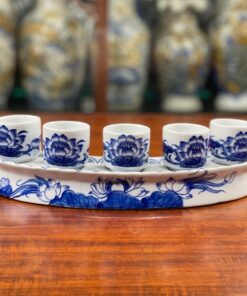 Khay/ Kỷ Nước 5 Chén Hoa Sen Men Lam