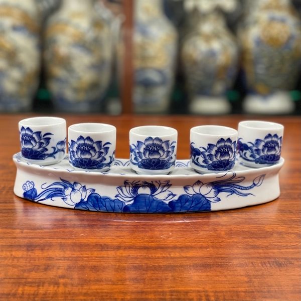 Khay/ Kỷ Nước 5 Chén Hoa Sen Men Lam