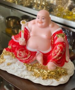 Di Lặc Bột Đá Đỏ Cầm Gậy Như Ý