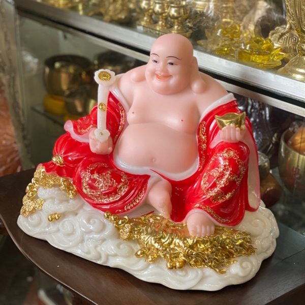 Di Lặc Bột Đá Đỏ Cầm Gậy Như Ý