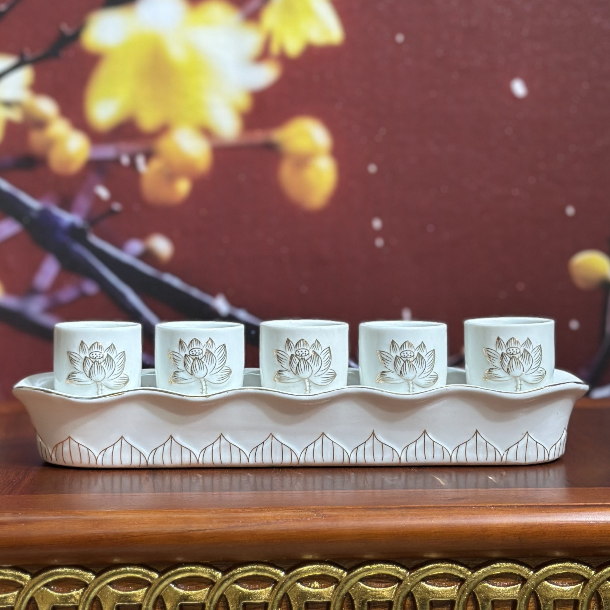 Khay 5 Chén Hoa Sen Bạch Ngọc