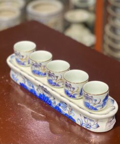 Kỷ/Khay Nước 5 Chén Men Lam Vẽ Vàng 24K