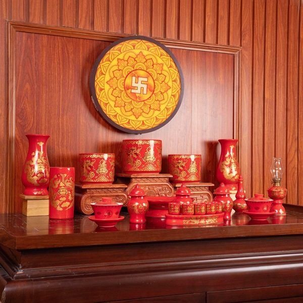 Bộ Đồ Thờ Gia Tiên Sứ Đỏ Bát Tràng