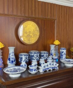 Bộ Đồ Thờ Gia Tiên Men Lam – bộ cơ bản, bàn thờ ngang 127 -155 cm