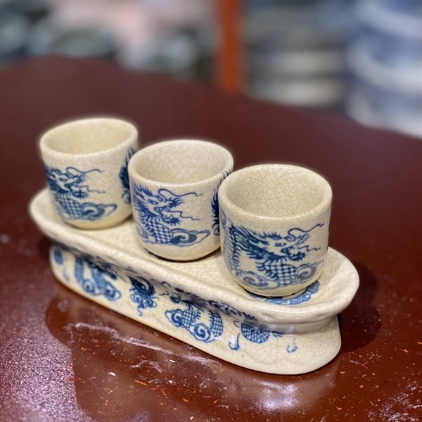 Kỷ/ Khay Nước 3 Chén Men Rạn Vẽ