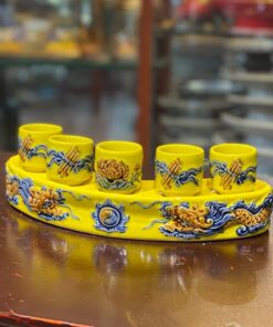 Khay/ Kỷ Nước 5 Chén Men Vàng Hoàng Kim Đắp Nổi