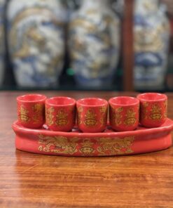 Kỷ / Khay 5 Chén Sứ Men Đỏ Bát Tràng
