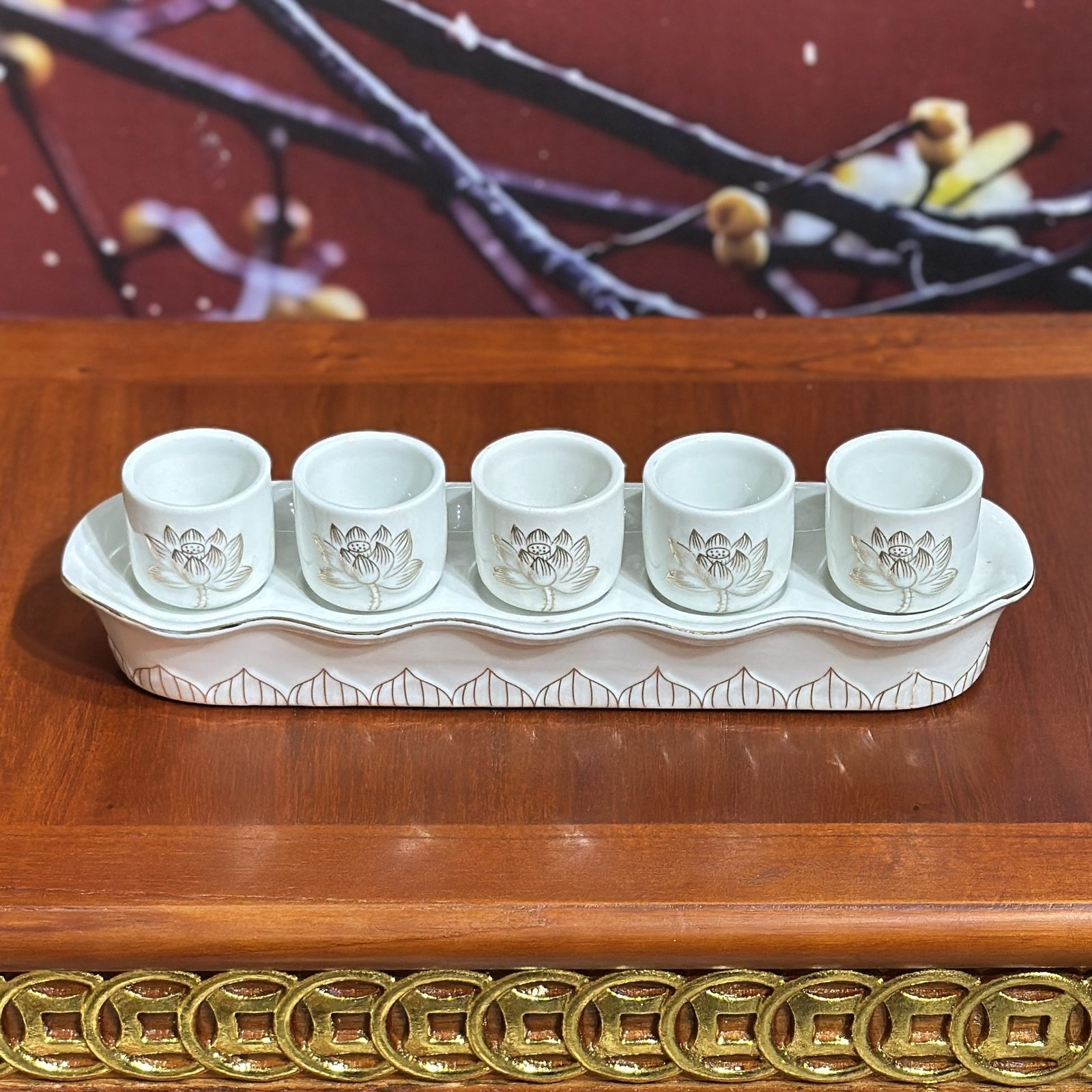 Khay 5 Chén Hoa Sen Bạch Ngọc