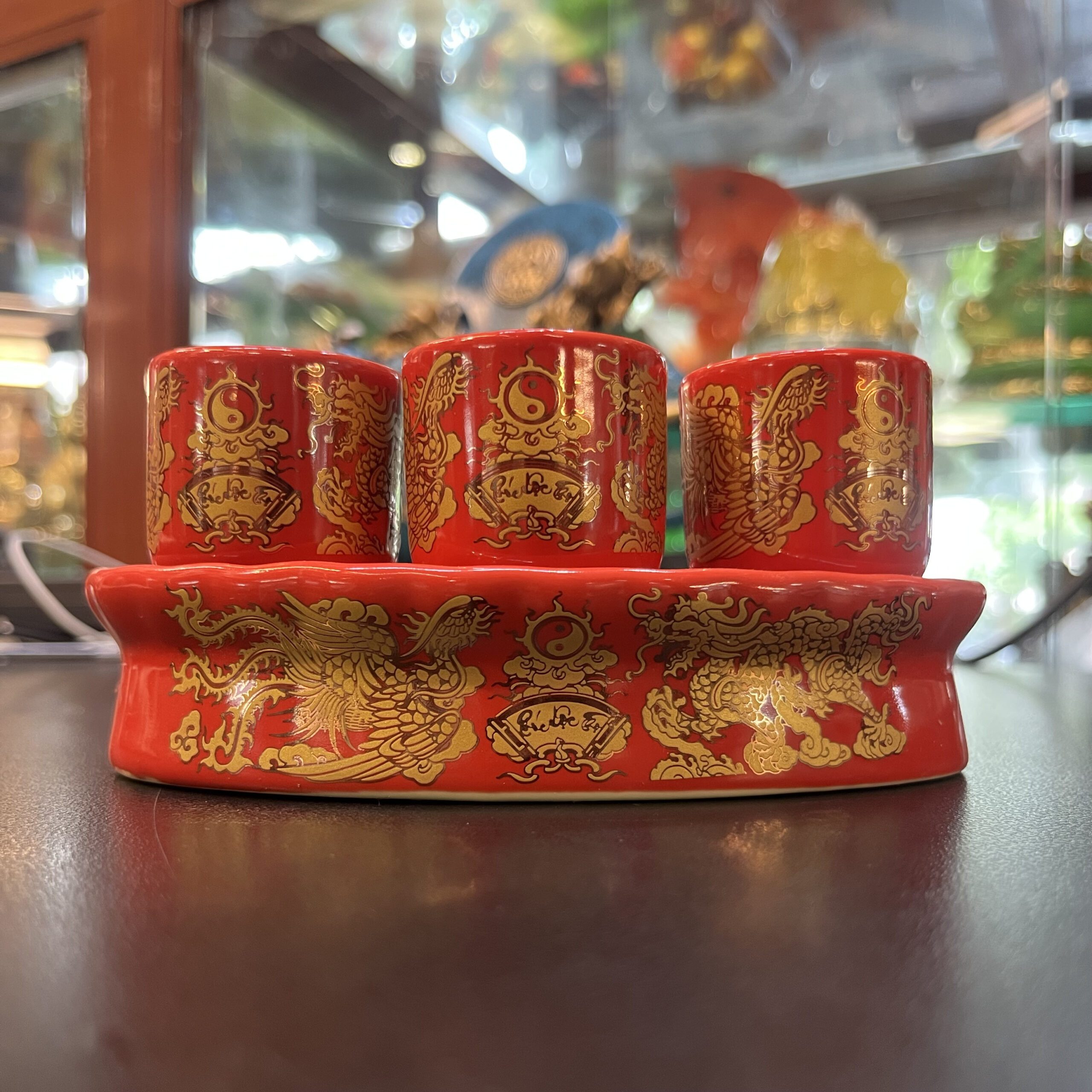 Kỷ / Khay 3 Chén Sứ Men Đỏ Bát Tràng
