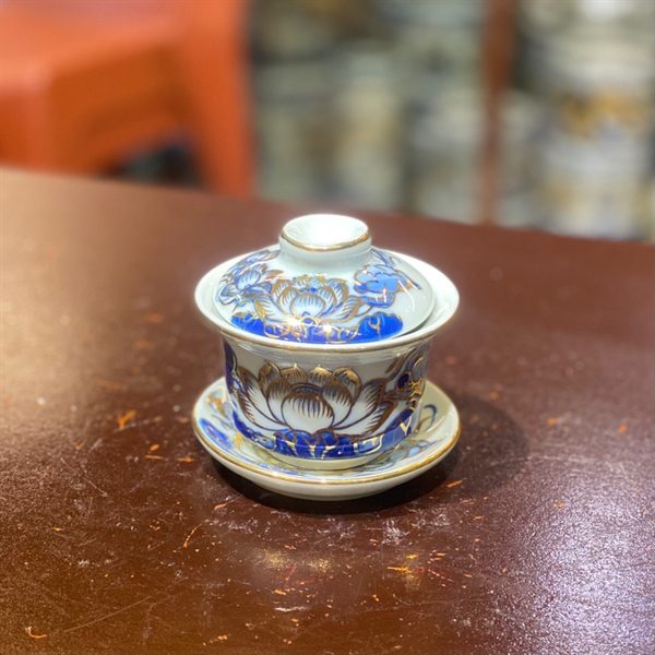 Bát Sâm/ Bát Nước Men Lam Vẽ Vàng 24K