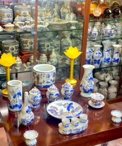 Bộ Đồ Thờ Thần Linh Sứ Men Lam Vẽ Vàng