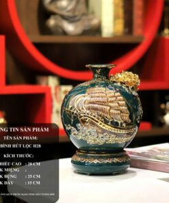 Bình Hút Lộc Thuận Buồm Xuôi Gió Men Xanh Lá Đắp Nổi Vẽ Vàng 24K H28 M2