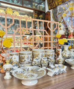 Bộ Đồ Thờ Gia Tiên Men Rạn Vẽ Vàng 24K