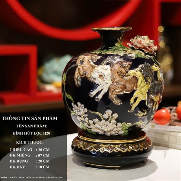 Bình Hút Lộc Mã Đáo Thành Công Men Đen Đắp Nổi Vẽ Vàng 24K H20