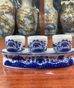 Khay/Kỷ Nước 3 Chén Hoa Sen Men Lam