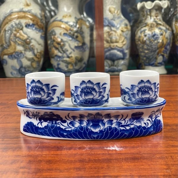 Khay/Kỷ Nước 3 Chén Hoa Sen Men Lam