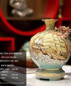 Bình Hút Lộc Thuận Buồm Xuôi Gió Vàng Loang Xanh Ngọc Đắp Nổi Vẽ Vàng 24K H28