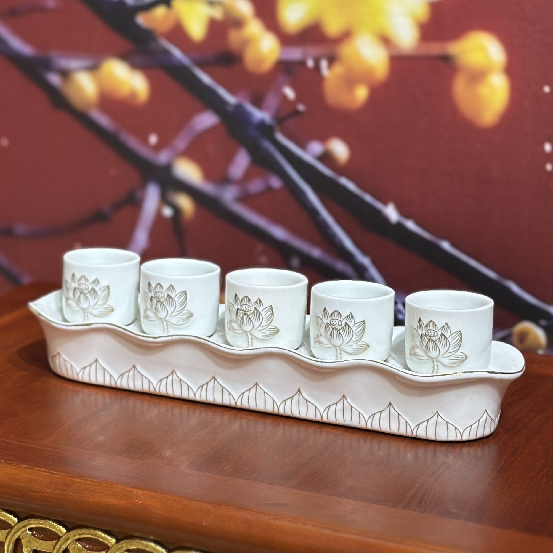 Khay 5 Chén Hoa Sen Bạch Ngọc