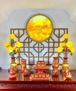 Bộ Đồ Thờ Thần Linh Sứ Gấm Đỏ Đẹp BTLGD