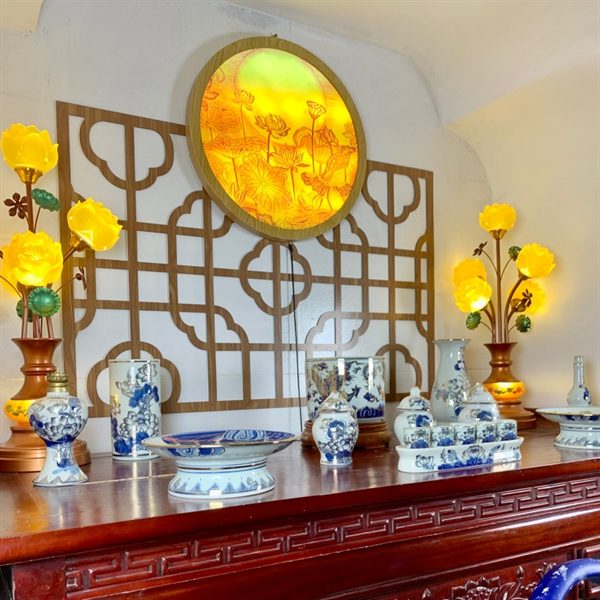 Bộ Đồ Thờ Thần Linh Men Lam Vẽ Vàng 24K BTL02