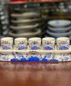 Kỷ/Khay Nước 5 Chén Men Lam Vẽ Vàng 24K