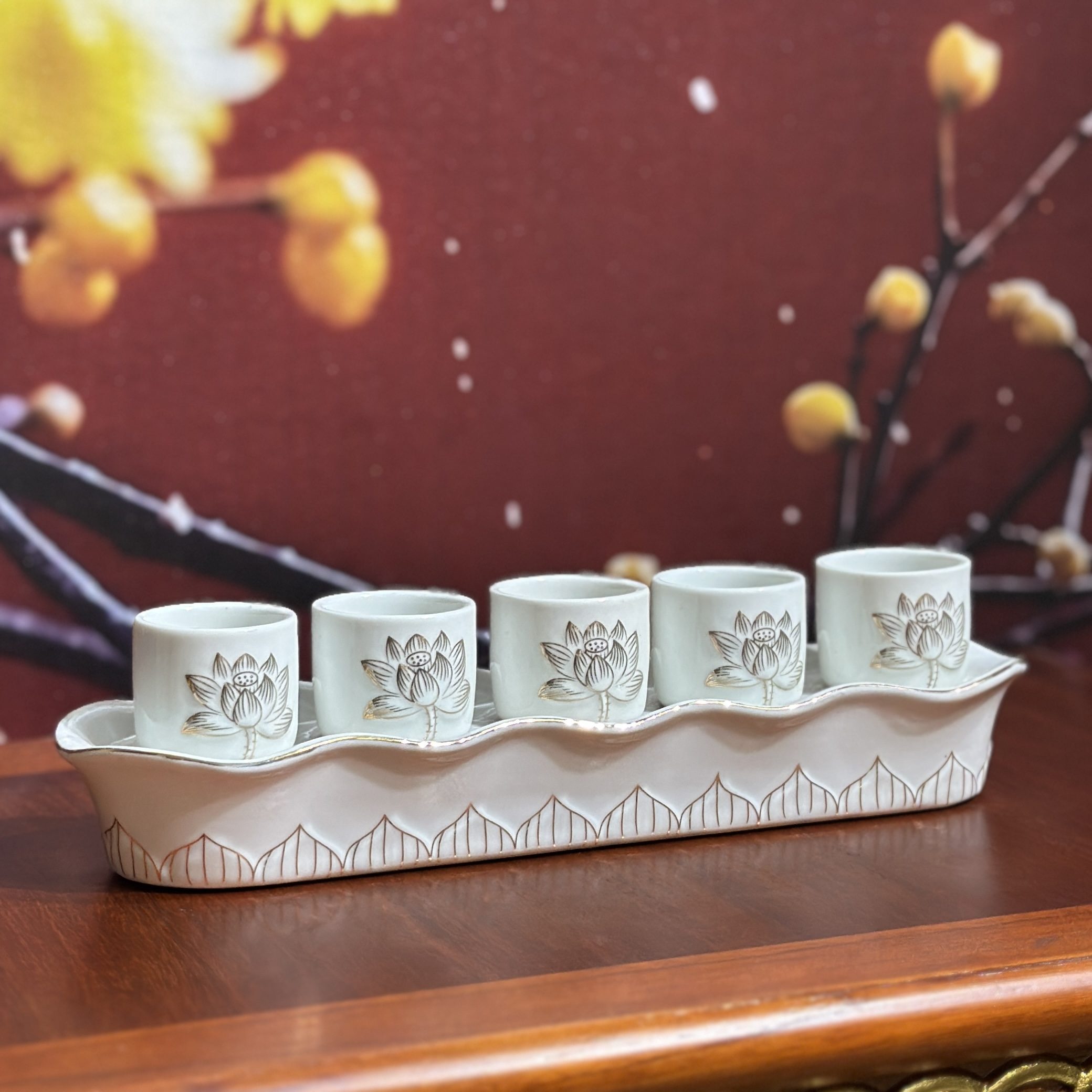Khay 5 Chén Hoa Sen Bạch Ngọc