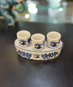 Khay/ Kỷ 3 Chén Nước Rồng Cong Men Lam
