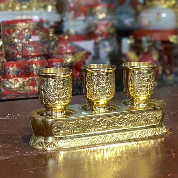 Kỷ/Khay Nước 3 Chén Đồng Vàng