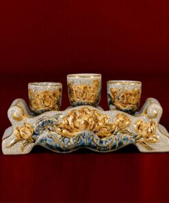 Kỷ/Khay Nước 3 Chén Men Rạn Vẽ Vàng 24K