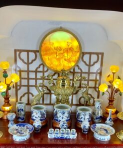 Bộ Đồ Thờ Gia Tiên Men Lam Vẽ Vàng 24K BGT01