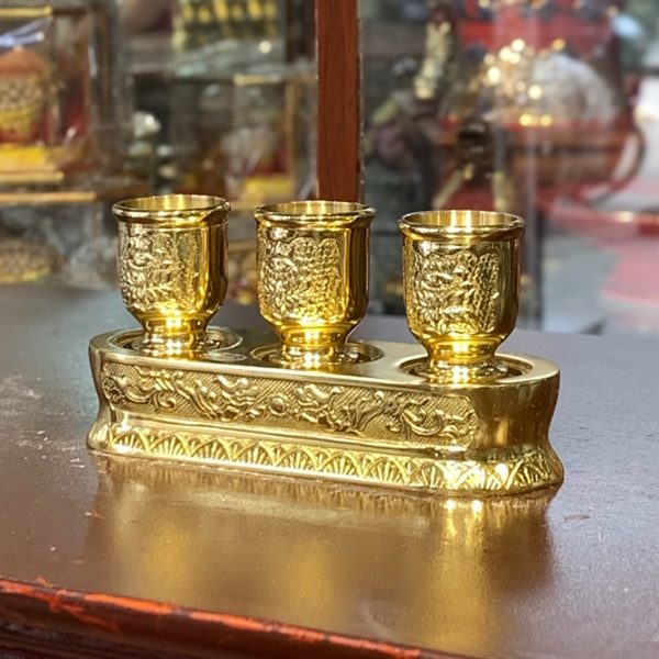 Kỷ/Khay Nước 3 Chén Đồng Vàng