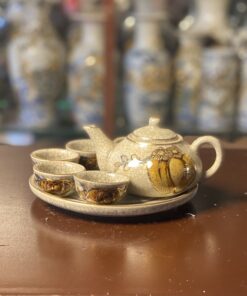 Bộ Ấm Chén Trà Thờ Men Rạn Đắp Nổi