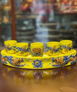 Khay/ Kỷ Nước 5 Chén Men Vàng Hoàng Kim Đắp Nổi