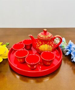 Bộ Ấm Chén Trà Thờ Sứ Gấm Đỏ